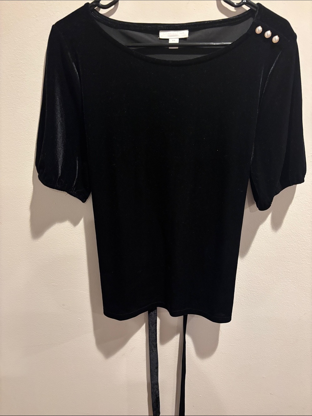 Charter Club Black Velvet Puff-Sleeve Top with Shoulder Buttons